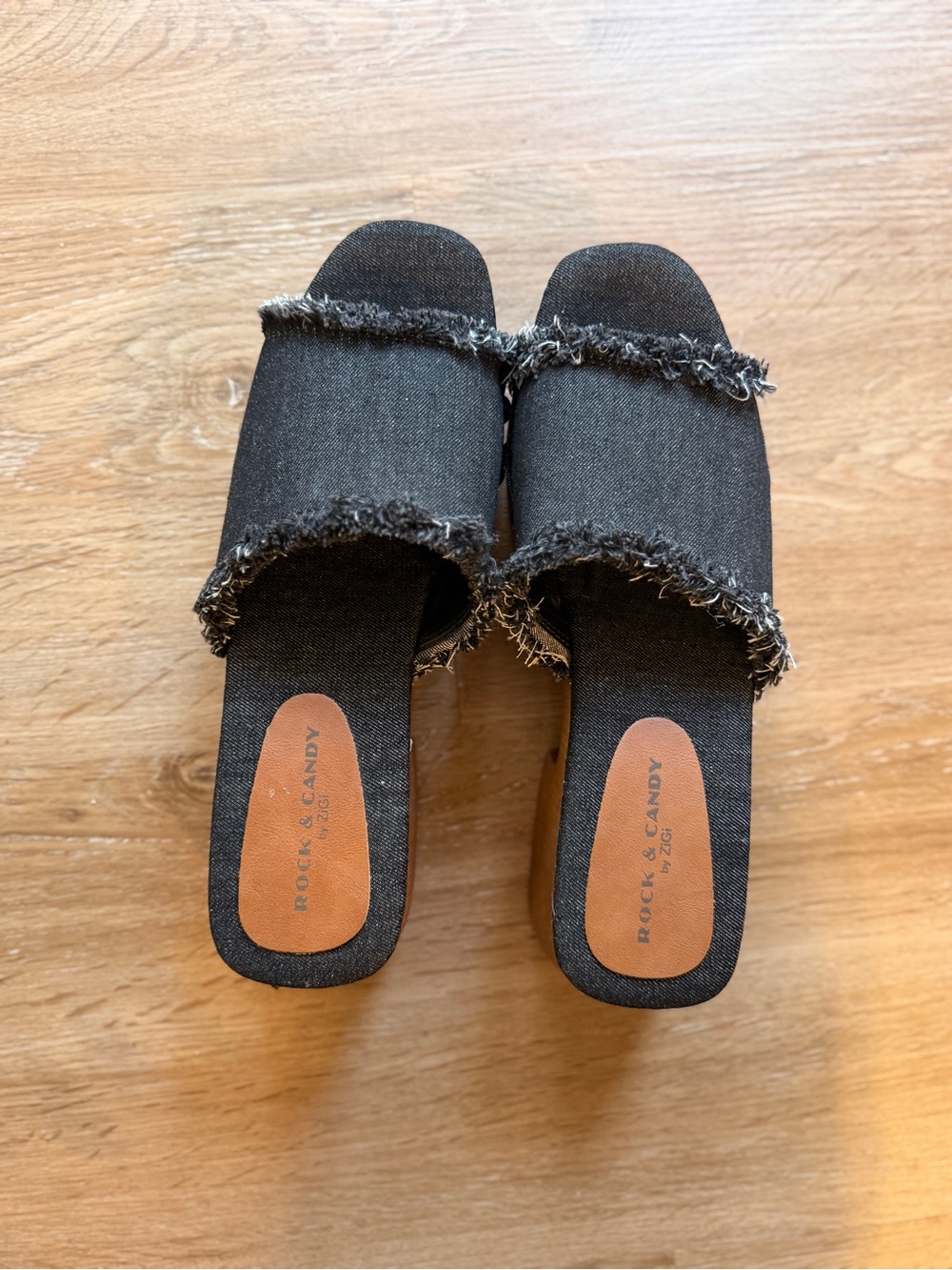 Rock & Candy Black Frayed Denim Y2K Platform Slides 90s Fashion - Picture 4 of 5
